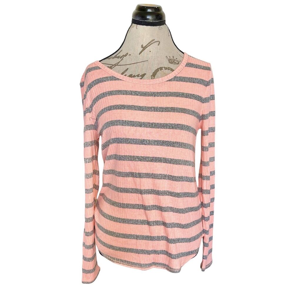 Old Navy Womens Blouse Top Striped Size Small Long Sleeve Ribbed Preppy Gray